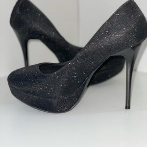 black glitter platform heels